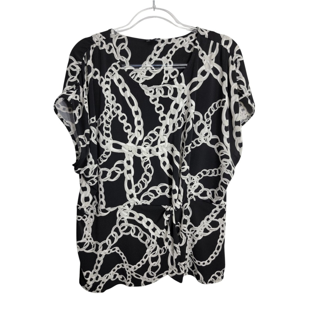 INC Women 2X Top Black White Chain Link Knot Front Short Sleeve Blouse
